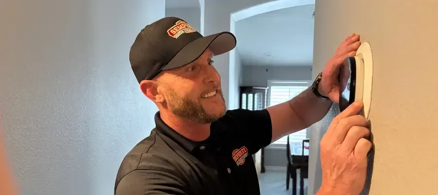 Semper Fi HVAC technician installing a smart thermostat in a Phoenix home